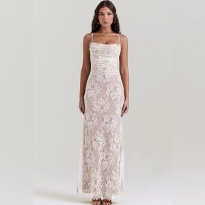House of CB Cream Lace Long Sleeve Corset Back Dress